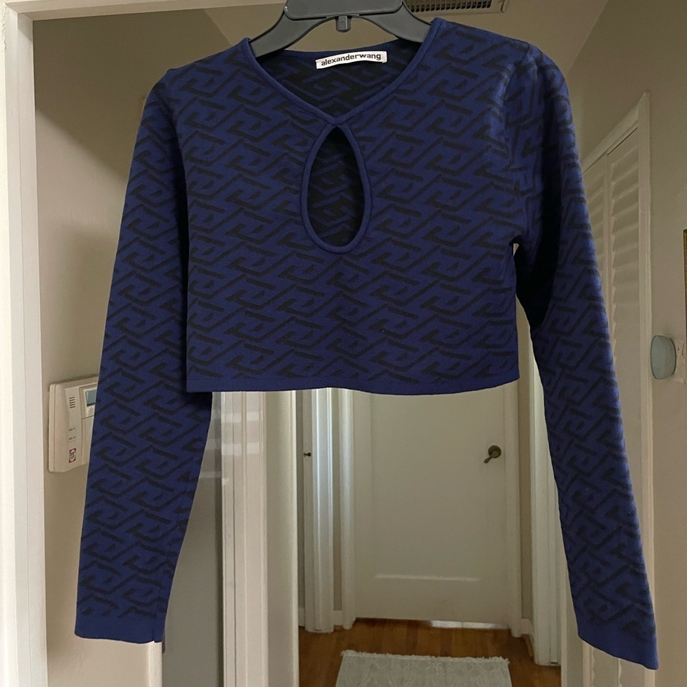 Alexander Wang Navy Blue Patterned Knit Crop Top